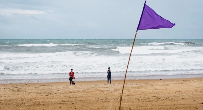drapeau violet à la plage